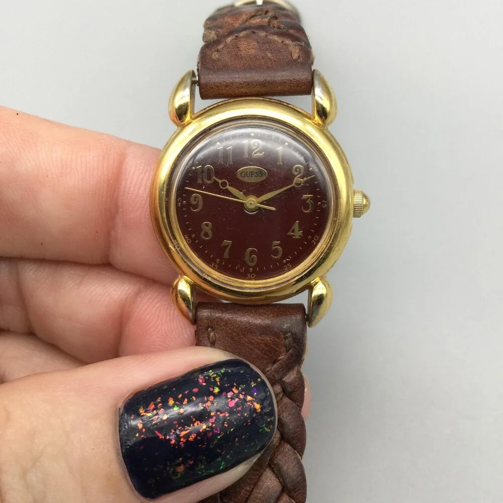 Vintage Guess Womens Watch 24mm Brown Dial Gold Tone Braided Leather New Battery